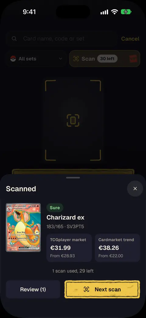 Two scanned cards in the review list, with both market values and Add 2 cards to collection